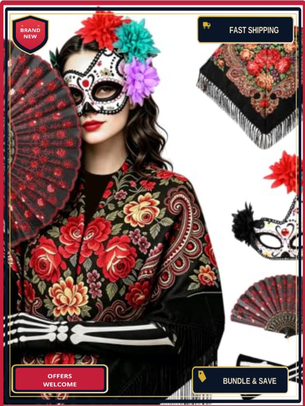 Day of the Dead Costume Accessory Set Shawl Mask Gloves Fan